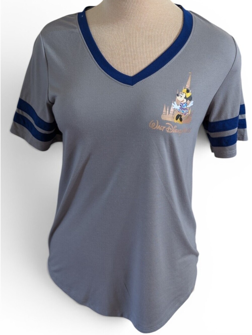 Disney Parks Walt Disney World 50th Minnie Mouse V Neck Jersey Shirt Gray...
